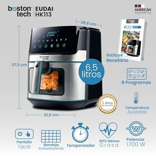 Boston Tech ▫️ EUDAI Fritadeira de Ar Quente 6,5 L, Fritadeira sem Óleo com Janela, 8 programas, Ecrã LED, Controlo Tátil, Temperatura Regulável, Cesto Antiaderente, Temporizador, 1700 W, Inclui Livro de Receitas, Aço Inoxidável. 6