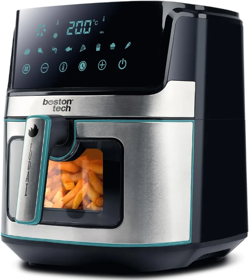 Boston Tech ▫️ EUDAI Fritadeira de Ar Quente 6,5 L, Fritadeira sem Óleo com Janela, 8 programas, Ecrã LED, Controlo Tátil, Temperatura Regulável, Cesto Antiaderente, Temporizador, 1700 W, Inclui Livro de Receitas, Aço Inoxidável.