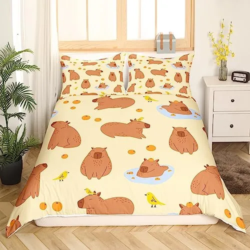 Homewish ▫️ Conjunto de capa de edredão 135 x 200 cm, com padrão de capivaras, para crianças pequenas, adolescentes e jovens, capa de edredão com 1 fronha, cor castanho-amarelado 2