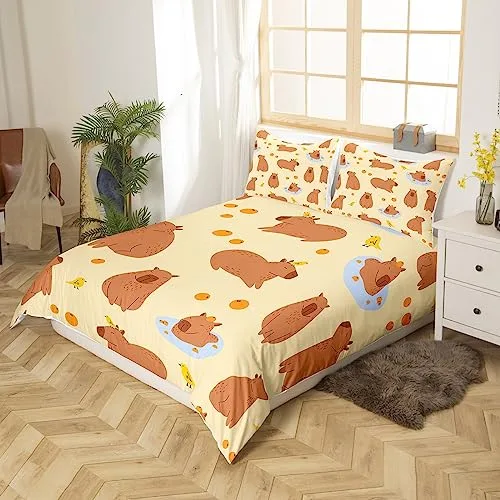 Homewish ▫️ Conjunto de capa de edredão 135 x 200 cm, com padrão de capivaras, para crianças pequenas, adolescentes e jovens, capa de edredão com 1 fronha, cor castanho-amarelado 3
