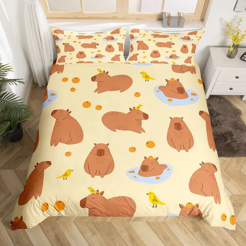 Homewish ▫️ Conjunto de capa de edredão 135 x 200 cm, com padrão de capivaras, para crianças pequenas, adolescentes e jovens, capa de edredão com 1 fronha, cor castanho-amarelado