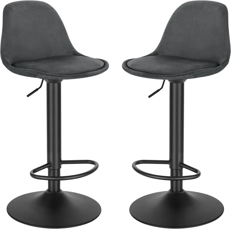 EUGAD ▫️ Conjunto de 2 bancos de bar giratórios, com altura ajustável entre 60,5 e 82 cm, banco de cozinha, estrutura metálica, com encosto e apoio para os pés, cinzento escuro, veludo