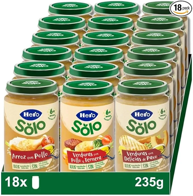 Hero Baby ▫️ Caixa Mista de Boiões de Carne - 6 Boiões de Arroz com Frango e 6 Boiões de Vegetais com Frango e Carne de Vaca e 6 Boiões de Vegetais com Delícia de Peru, Embalagem de 18x235 gr.