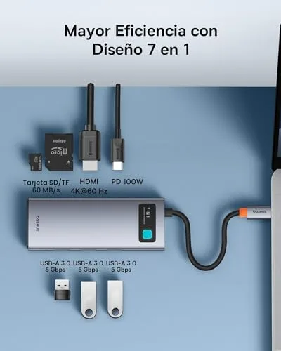 Baseus ▫️ Adaptador Hub USB-C 7 em 1 com HDMI 4K a 60 Hz, PD 100 W, 3 portas USB-A 3.0 a 5 Gbps, leitor de cartões SD/TF, estação de acoplamento para portátil compatível com Windows/Mac/iPad/Steam Deck/Rog Ally 2