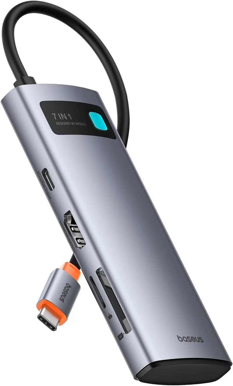 Baseus ▫️ Adaptador Hub USB-C 7 em 1 com HDMI 4K a 60 Hz, PD 100 W, 3 portas USB-A 3.0 a 5 Gbps, leitor de cartões SD/TF, estação de acoplamento para portáteis compatível com Windows/Mac/iPad/Steam Deck/Rog Ally