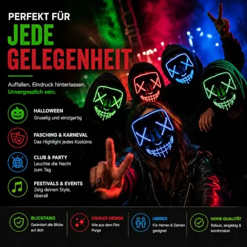 TK Gruppe Timo Klingler ▫️ Máscara LED de Halloween ao estilo «Purge», iluminação regulável e rosto luminoso – Fato para homens e mulheres para o Halloween e o carnaval (várias cores à escolha) 2