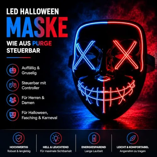 TK Gruppe Timo Klingler ▫️ Máscara LED de Halloween ao estilo «Purge», iluminação regulável e rosto luminoso – Fato para homens e mulheres para o Halloween e o carnaval (várias cores à escolha) 3