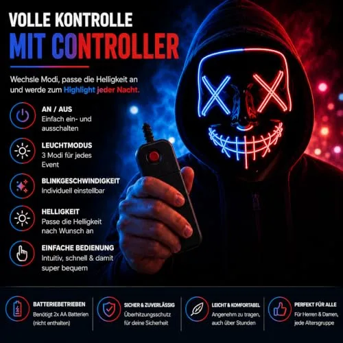TK Gruppe Timo Klingler ▫️ Máscara LED de Halloween ao estilo «Purge», iluminação regulável e rosto luminoso – Fato para homens e mulheres para o Halloween e o carnaval (várias cores à escolha) 4
