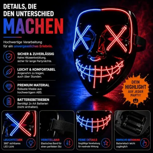 TK Gruppe Timo Klingler ▫️ Máscara LED de Halloween ao estilo «Purge», iluminação regulável e rosto luminoso – Fato para homens e mulheres para o Halloween e o carnaval (várias cores à escolha) 5
