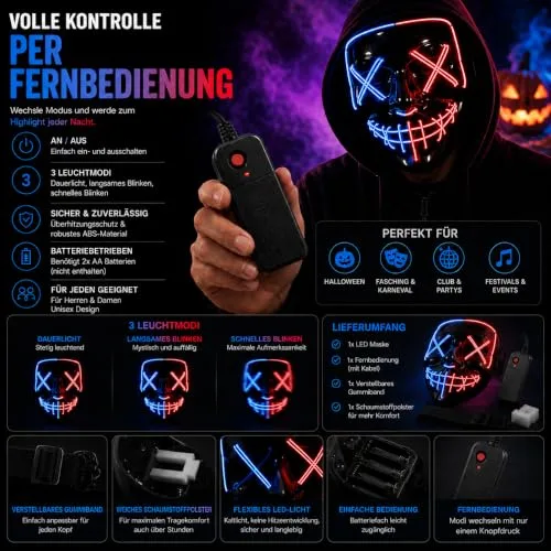 TK Gruppe Timo Klingler ▫️ Máscara LED de Halloween ao estilo «Purge», iluminação regulável e rosto luminoso – Fato para homens e mulheres para o Halloween e o carnaval (várias cores à escolha) 6