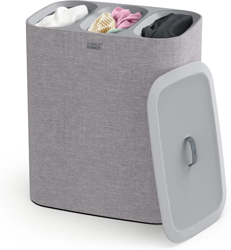 Joseph Joseph ▫️ Tota Trio, Cesto para roupa suja com tampa, 90 litros, sistema de separação da roupa suja com 3 sacos removíveis com alças, cinzento