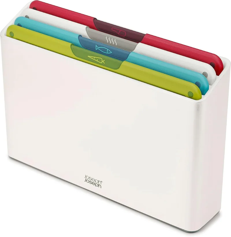 Joseph Joseph ▫️ Folio Icon Tábuas de cortar antiderrapantes, codificadas por cores, 4 peças, com estojo de arrumação, tamanho médio, branco