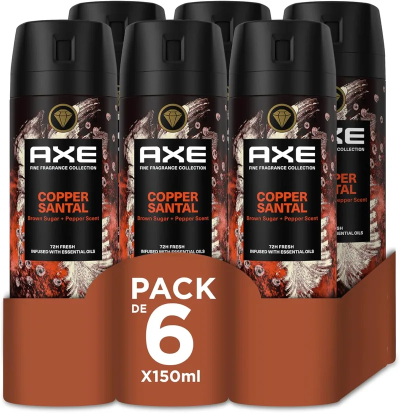 AXE ▫️ Savings Pack Copper Santal Spray Desodorizante Aerossol Masculino Fragrância Premium 6 x 150ml