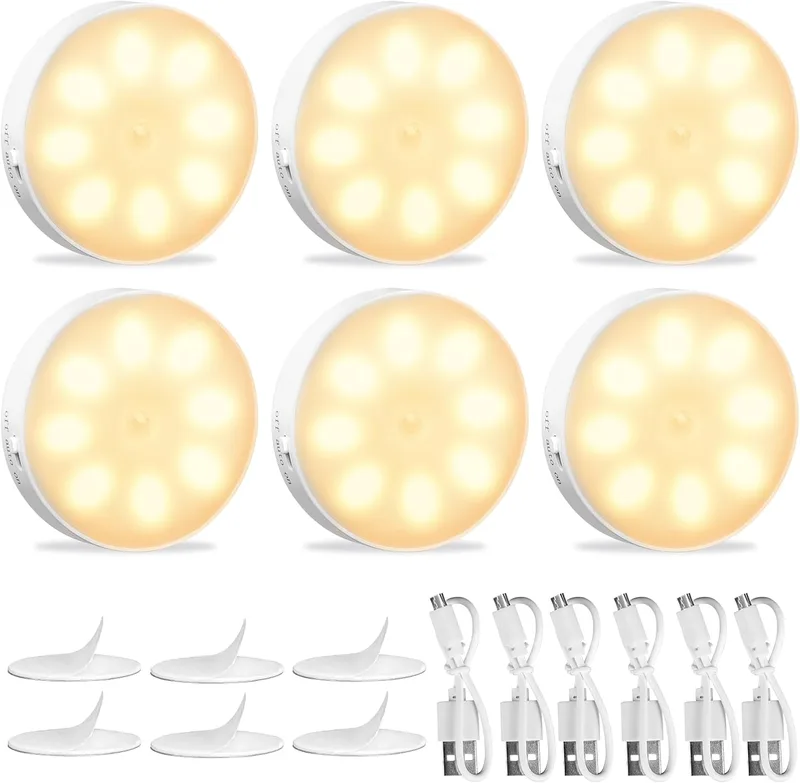 KEWUZY ▫️ Luz nocturna com sensor de movimento de 6 unidades, luz nocturna LED recarregável por USB, luz de guarda-roupa, 8 LED, 3 modos (automático/ligado/desligado) para guarda-roupa, corredor, escadas, cave, garagem (amarelo quente)