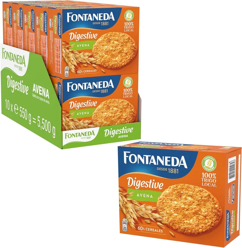 Fontaneda ▫️ Bolachas Digestive com Aveia Ricas em Fibra, 10 caixas de 550 g