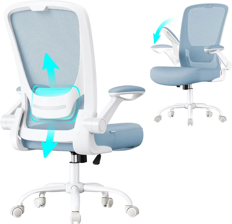 SONGMICS ▫️ Cadeira de escritório, Cadeira de secretária em malha, Cadeira giratória ergonómica, Apoio lombar, Giratória, Assento de 53 cm, Apoios de braços rebatíveis, Azul Misty OBN037Q01