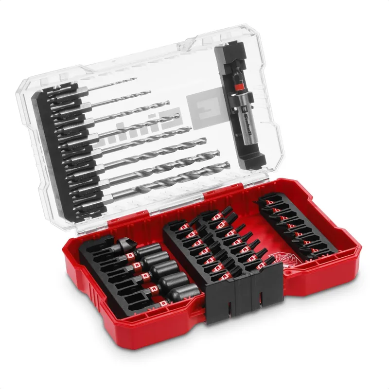 Einhell ▫️ M-Case - Conjunto de acessórios de 39 peças resistentes a impactos (brocas de 25 mm, brocas para metal, suporte para brocas de 60 mm, chave de soquete, escareador, inclui caixa de arrumação)