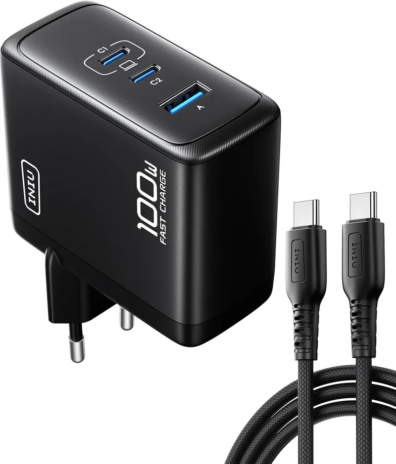 INIU ▫️ Carregador USB C GaN 100W, carregador rápido compacto de 3 portas com cabo USB C de 100W e 1,5 m, carregador de viagem para portátil MacBook Pro Air 14, iPhone 17 16 Pro Max iPad Samsung S26 S25 Ultra Pixel