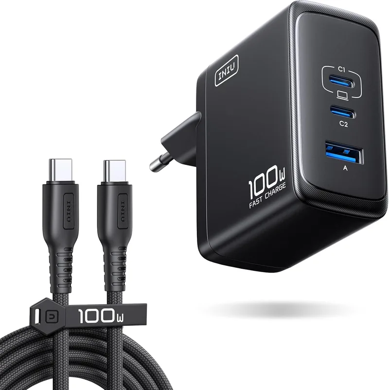 INIU ▫️ Carregador USB-C GaN de 100 W Carregador rápido compacto de 3 portas USB-C com cabo USB-C de 100 W e 1,5 m, carregador de viagem para portáteis MacBook Pro, Air 14, iPhone 17, 16 Pro Max, iPad, Samsung S26, S25 Ultra e Pixel
