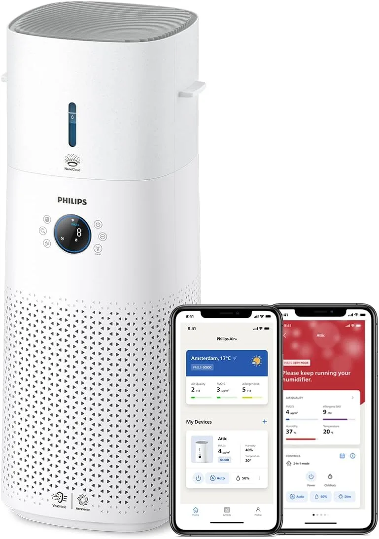 PHILIPS ▫️ 3000 Purificador e Humidificador 2 em 1, 131 m², HEPA, Branco | CADR de 505 m³/h, Filtra 99,97%, filtro NanoProtect HEPA e carvão ativado, humidificador de ar de 650 ml/h (AC3737/10)