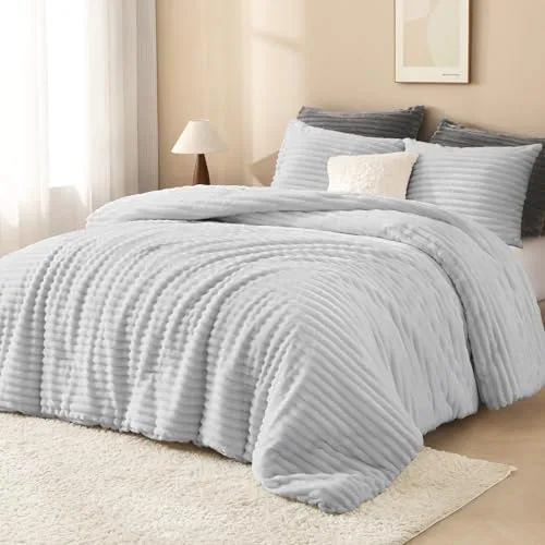 Andency ▫️ Conjunto de edredão tamanho Queen, edredão fofo e supermacio em cinzento claro para cama tamanho Queen, conjunto de roupa de cama com forro polar quente de inverno em pele sintética, conjunto de cama em pelúcia 2
