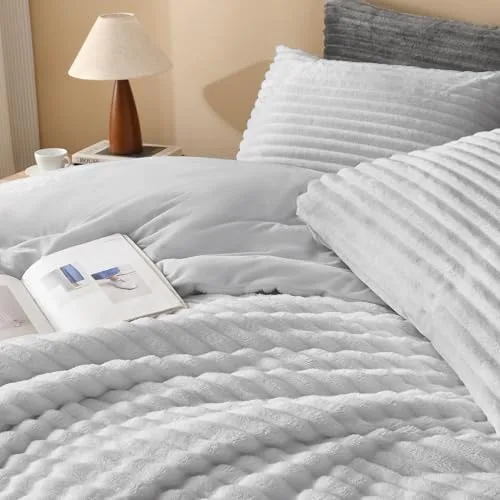 Andency ▫️ Conjunto de edredão tamanho Queen, edredão fofo e supermacio em cinzento claro para cama tamanho Queen, conjunto de roupa de cama com forro polar quente de inverno em pele sintética, conjunto de cama em pelúcia 3