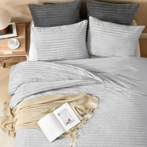 Andency ▫️ Conjunto de edredão tamanho Queen, edredão fofo e supermacio em cinzento claro para cama tamanho Queen, conjunto de roupa de cama com forro polar quente de inverno em pele sintética, conjunto de cama em pelúcia 4
