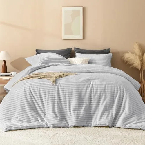 Andency ▫️ Conjunto de edredão tamanho Queen, edredão fofo e supermacio em cinzento claro para cama tamanho Queen, conjunto de roupa de cama com forro polar quente de inverno em pele sintética, conjunto de cama em pelúcia 5