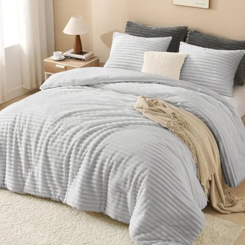 Andency ▫️ Conjunto de edredão tamanho Queen, edredão fofo e supermacio em cinzento claro para cama tamanho Queen, conjunto de roupa de cama com forro polar quente de inverno em pele sintética, conjunto de cama em pelúcia 6