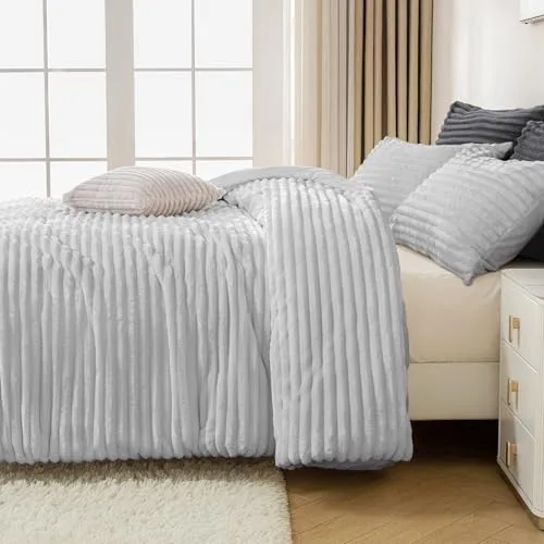 Andency ▫️ Conjunto de edredão tamanho Queen, edredão fofo e supermacio em cinzento claro para cama tamanho Queen, conjunto de roupa de cama com forro polar quente de inverno em pele sintética, conjunto de cama em pelúcia 7
