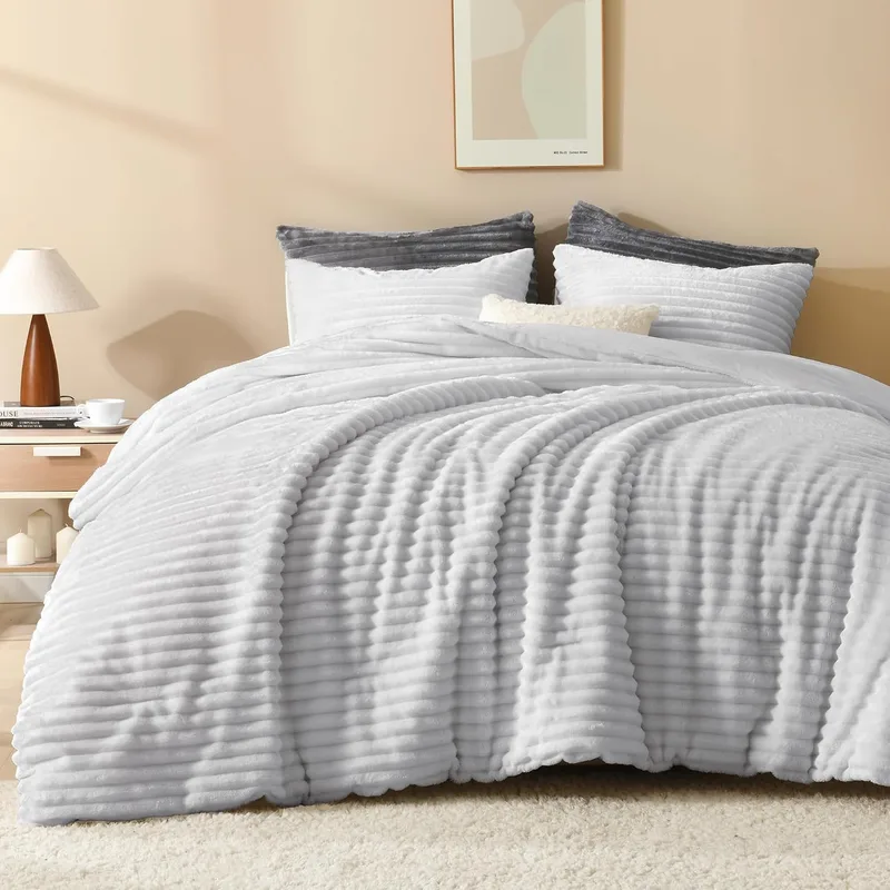 Andency ▫️ Conjunto de edredão tamanho Queen, edredão fofo e supermacio em cinzento claro para cama tamanho Queen, conjunto de roupa de cama com forro polar quente de inverno em pele sintética, conjunto de cama em pelúcia