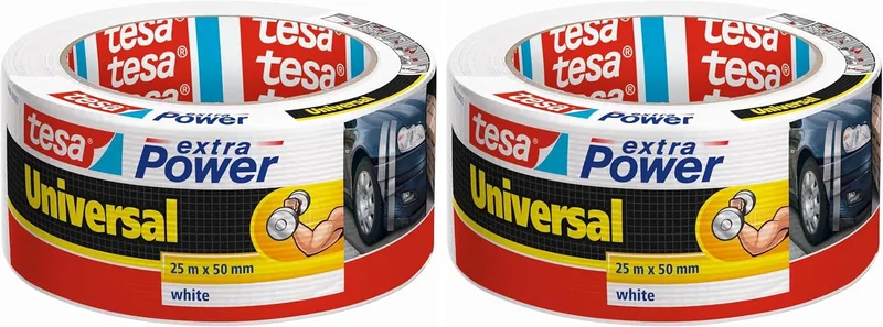 tesa ▫️ Extra Power Universal, Fita Adesiva Reforçada para Reparação, Fixação, Agrupamento, Reforço ou Selagem, Branca, 25 m x 50 mm (Embalagem de 2)