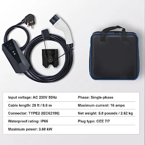 VEVOR ▫️ Carregador portátil para veículos elétricos Tipo 2 Carregador para automóvel elétrico 16 A 3,7 kW com cabo CEE 7 de 8,6 m e7, estação de carregamento IEC62196, à prova de água IP66, com bolsa de armazenamento, gancho e cabo de carregamento 7