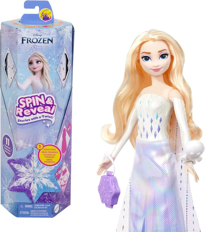 Mattel ▫️ Disney Frozen Elsa Spin And Reveal Boneca Princesa Revelando Surpresas e Acessórios, brinquedo +3 anos (HTG25)