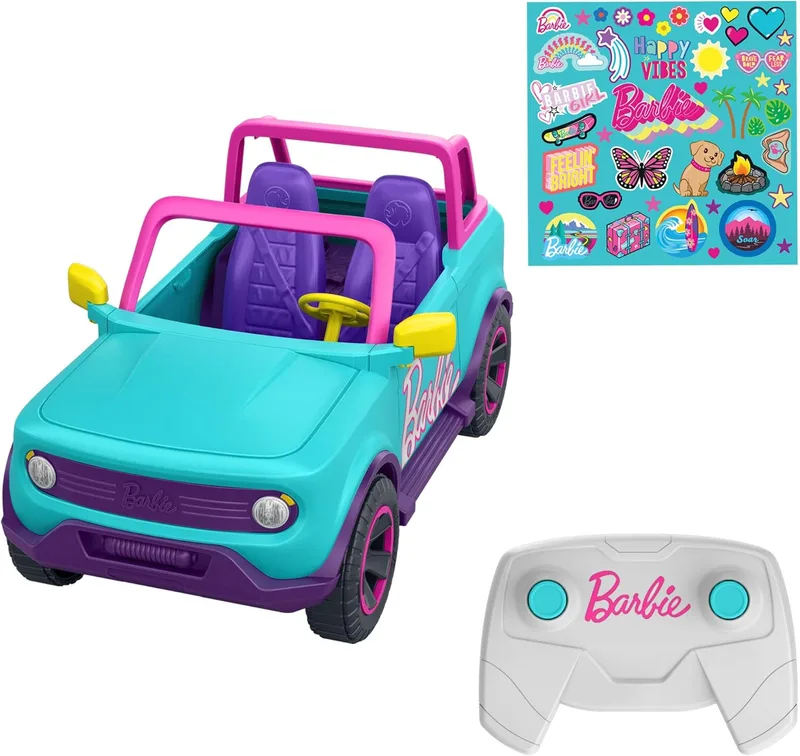 Hot Wheels ▫️ Carro com controlo remoto, SUV Barbie com controlo remoto – Carro de brincar com controlo remoto e adesivos, para maiores de 5 anos, HTP53