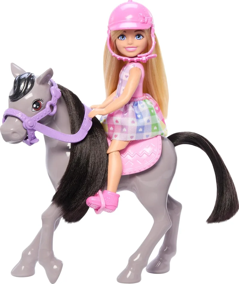 Barbie ▫️ Chelsea e o seu Pónei Boneca Loira com Vestido com Corações, Cavalo de Brinquedo e Acessórios, +3 anos (Mattel HTK29)