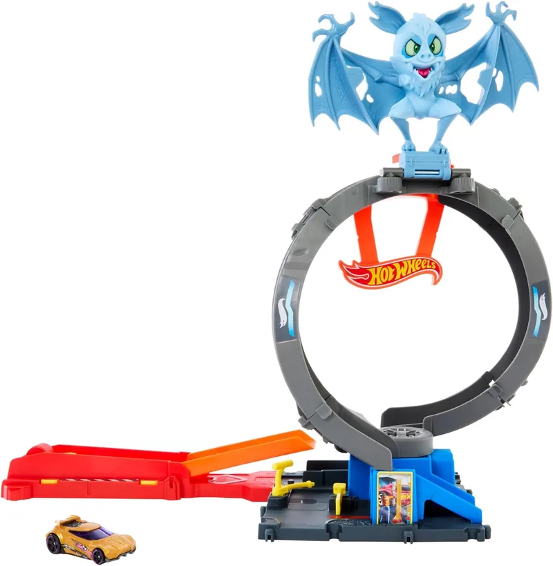 Hot Wheels ▫️ City «Let's Race - Vamos à corrida!» Netflix - O Ataque do Morcego Loja de pneus Pista para carros de brincar com lançador e looping ajustável, inclui 1 veículo, +4 anos (HTN78)