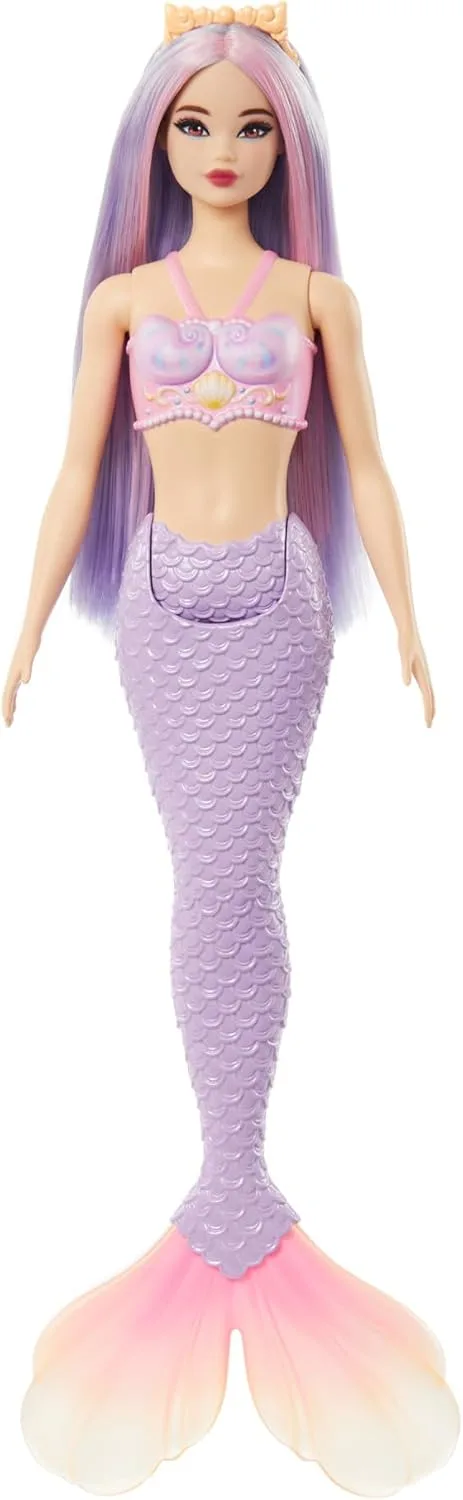 Barbie ▫️ Boneca Sereia com cabelo fantasia rosa e roxo e diadema, brinquedo com corpete inspirado em conchas e cauda cor de lavanda - para meninos e meninas com mais de 3 anos, HRR06