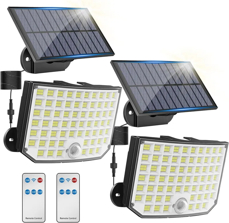 KagoLing ▫️ Luzes solares para exterior e jardim, refletor solar com 256 LEDs (conjunto de 2), lâmpadas solares separadas com comando à distância, 3 modos, IP65, com sensor de movimento para garagens e caminhos