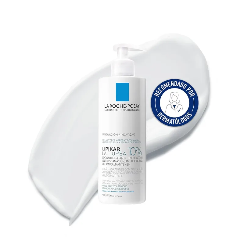 Leite Hidratante La Roche Posay com Ureia 10%, Tripla Ação Suavizante, Anti-coceira e Anti-recuperação durante 48 horas, Indicado para peles muito secas, ásperas e escamosas, Lipikar, 400 ml