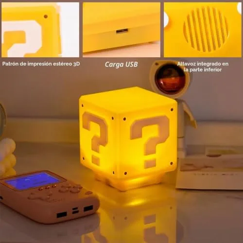 Gobesty ▫️ Luzes noturnas com ícones 3D, candeeiro em forma de cubo, tijolo quadrado com som para o quarto, candeeiro de secretária para crianças, candeeiro de mesa para o quarto, candeeiro noturno em forma de brinquedo 4