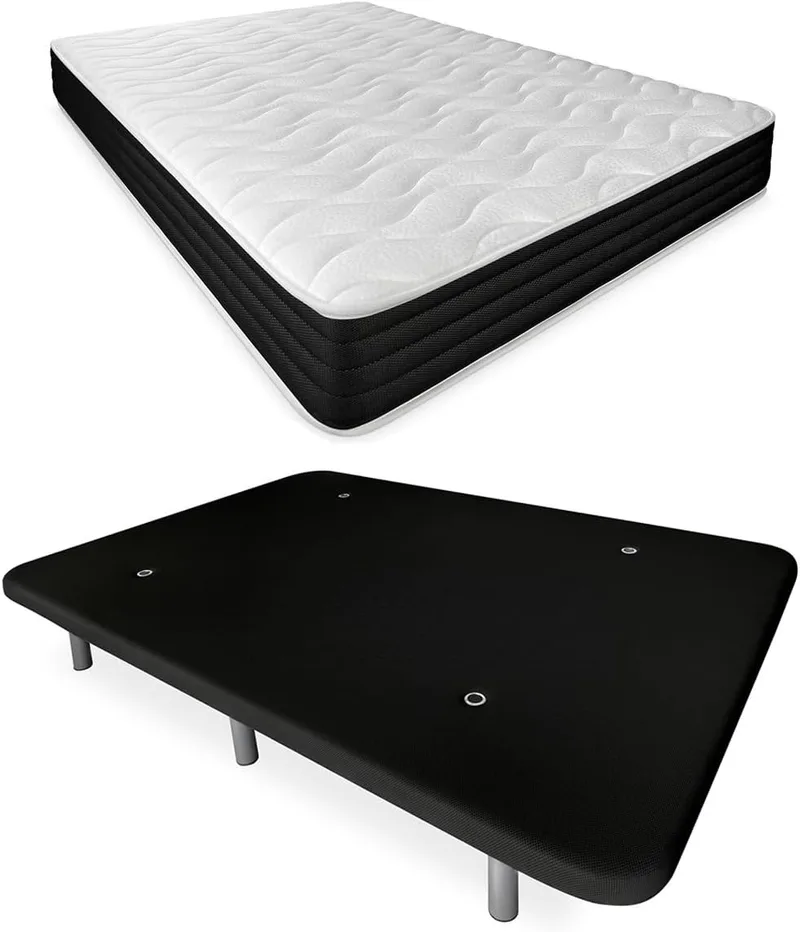 DUÉRMETE ONLINE ▫️ Cama de casal com colchão Pocket Visco reversível + base estofada reforçada, cor preta, com 6 pés metálicos roscados, 90 x 190
