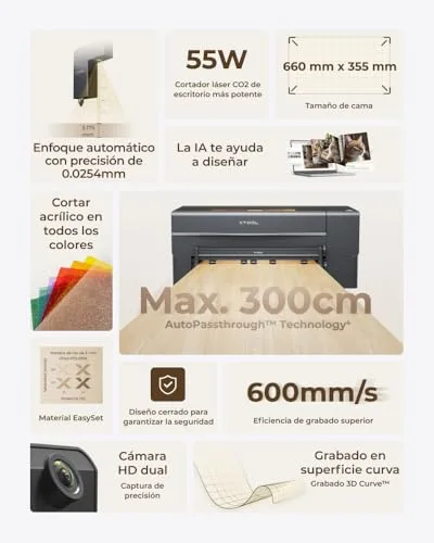 xTool ▫️ P2S 55 W, cortador e gravador a laser de CO₂, cortador a laser inteligente, câmara dupla inteligente de 16 MP, gravação 3D em superfícies curvas, crie com madeira, metal, acrílico, vidro, tecido e couro 2