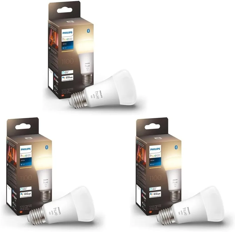 Philips Hue ▫️ Lâmpada LED inteligente, A60 E27, luz branca quente regulável, 9,5 W (equivalente a 75 W), 1100 lúmenes, compatível com Alexa e Google Home (pacote de 3)
