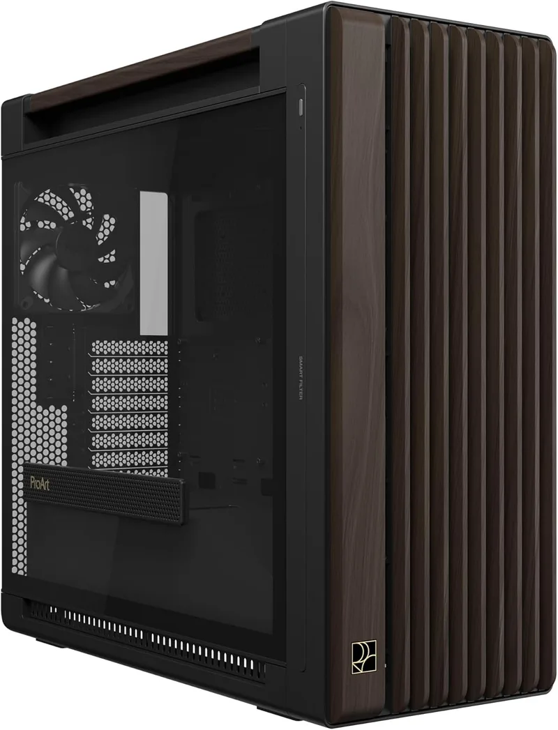 ASUS ▫️ ProArt PA602 Wood Edition Modern Black - Chassis E-ATX com painel de vidro temperado, compatível com GPUs de até 440 mm e radiadores de 420 mm, ventoinhas de 140 mm e 200 mm pré-instaladas