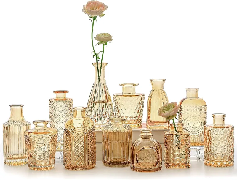 SUPMIND ▫️ Conjunto de 12 vasos de vidro, pequenos vasos de flores em tom âmbar para centros de mesa a granel, mini vaso vintage para casamentos, casa e decoração de mesa