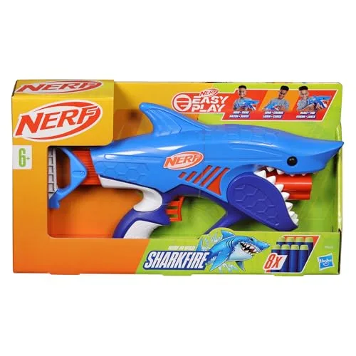 Nerf ▫️ SHARKFIRE Lançador de brinquedo em forma de tubarão com 8 dardos de espuma, conjunto de batalhas, fácil de usar, presente para meninos e meninas a partir dos 6 anos, azul 2