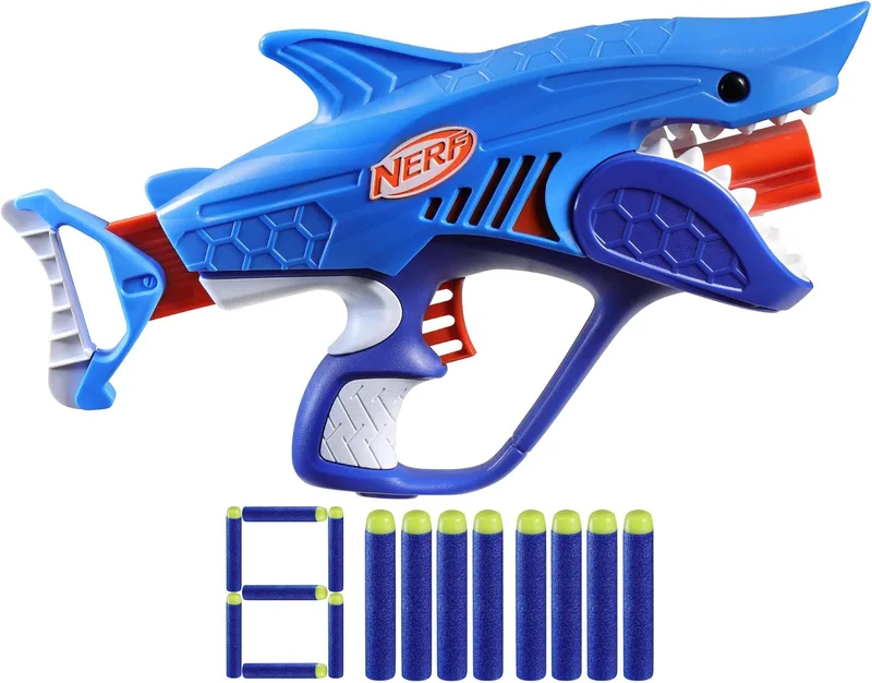 Nerf ▫️ SHARKFIRE Lançador de brinquedo em forma de tubarão com 8 dardos de espuma, conjunto de batalhas, fácil de usar, presente para meninos e meninas a partir dos 6 anos, azul