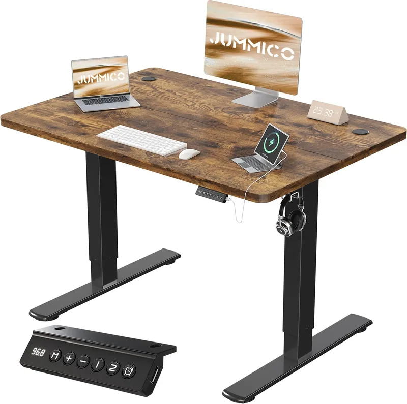 JUMMICO ▫️ Secretária Elevável Elétrica com Carregador USB, Secretária Ergonómica com Altura Ajustável, Secretária para Trabalhar em Pé com Painel Inteligente e Funções de Memória, Secretária para Trabalhar em Pé 100 x 60 cm, Castanho