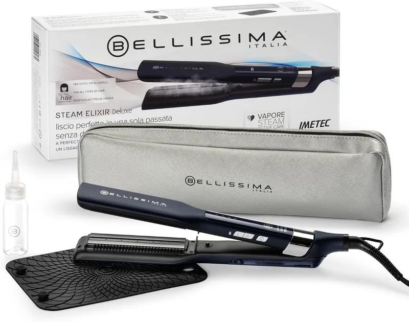 BELLISSIMA ▫️ Alisador Steam Elixir Deluxe, alisa o cabelo num único passo sem o danificar, revestimento de cerâmica e queratina, aquecimento rápido, 4 temperaturas, design arredondado